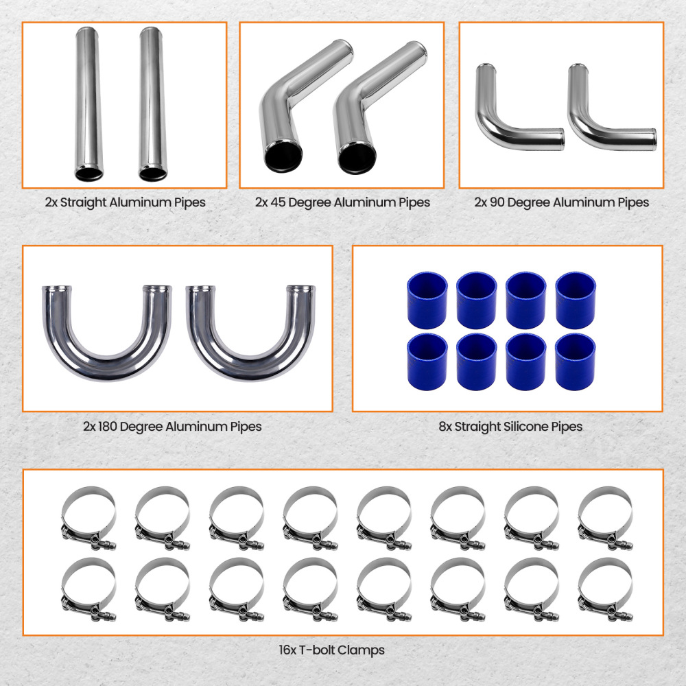 Intercooler Pipe 76mm 3 Inch Aluminum - Intercooler Piping Kit + Blue Hose Kits