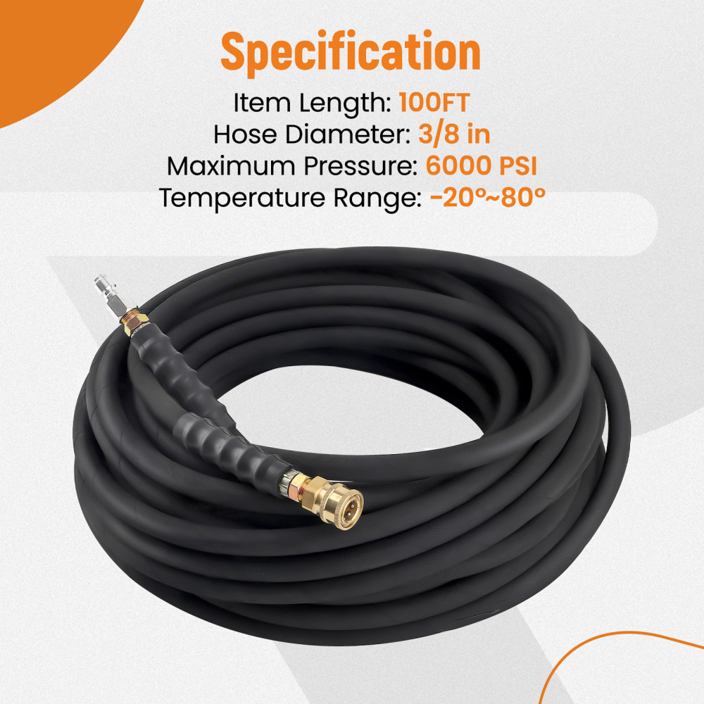 3/8 x 100ft 6000psi HighTemperature Water Pressure Washer Hose Non-Marking