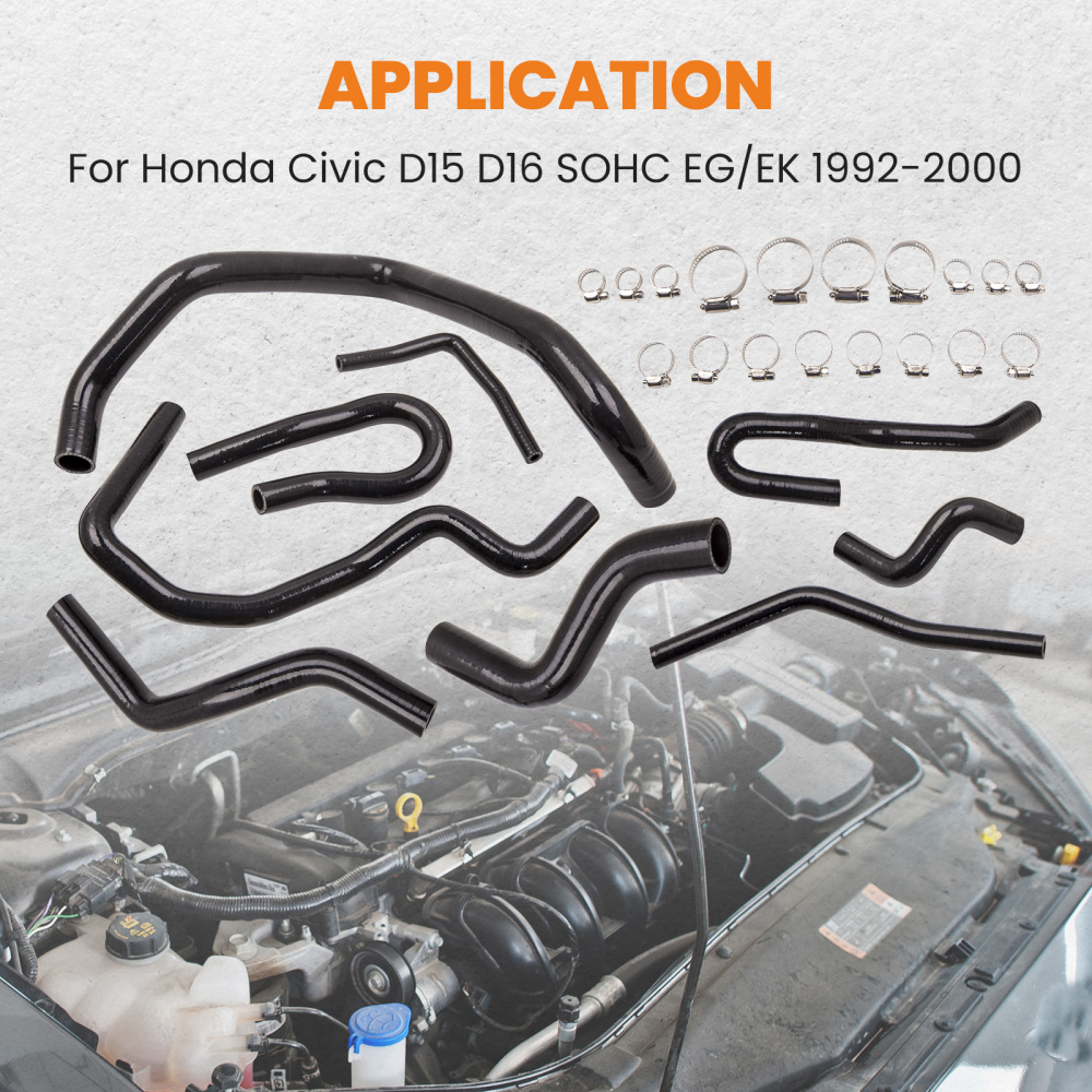 Compatible for Honda Civic D15 D16 EG EK SOHC 1992-2000 9Pcs Black Heater Hose Pipe Kit