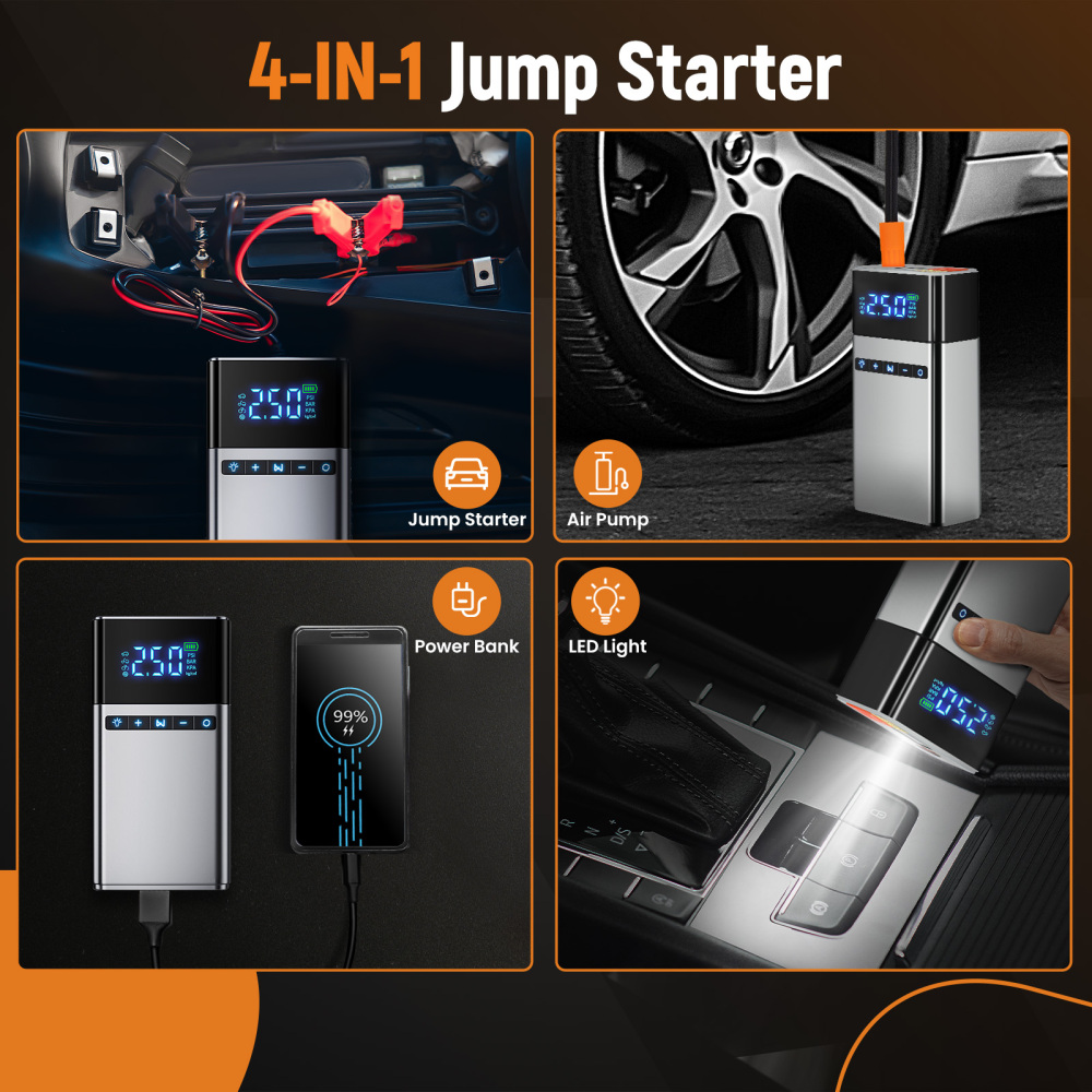 2500A18000mAh Portable Battery Booster with 150PSI Air Pump Power Bank W/LED