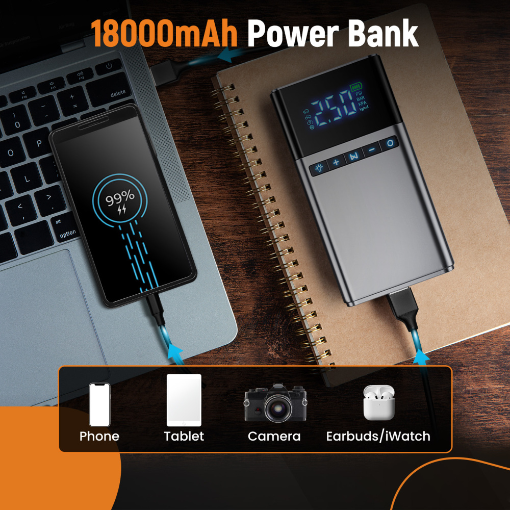2500A18000mAh Portable Battery Booster with 150PSI Air Pump Power Bank W/LED