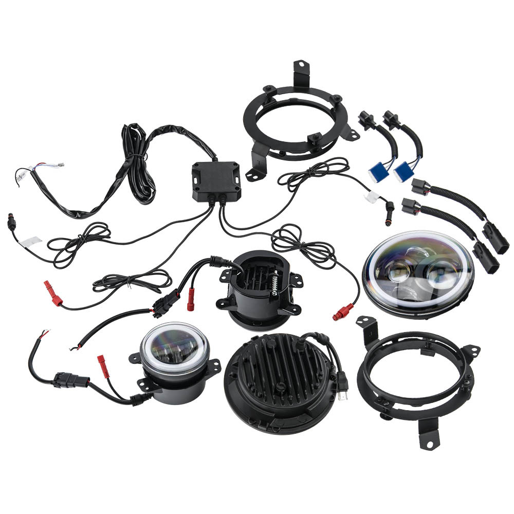 7inch LED Headlight + Fog Light Set compatible for Jeep Wrangler TJ 1997-2006 RGB Angel Eye