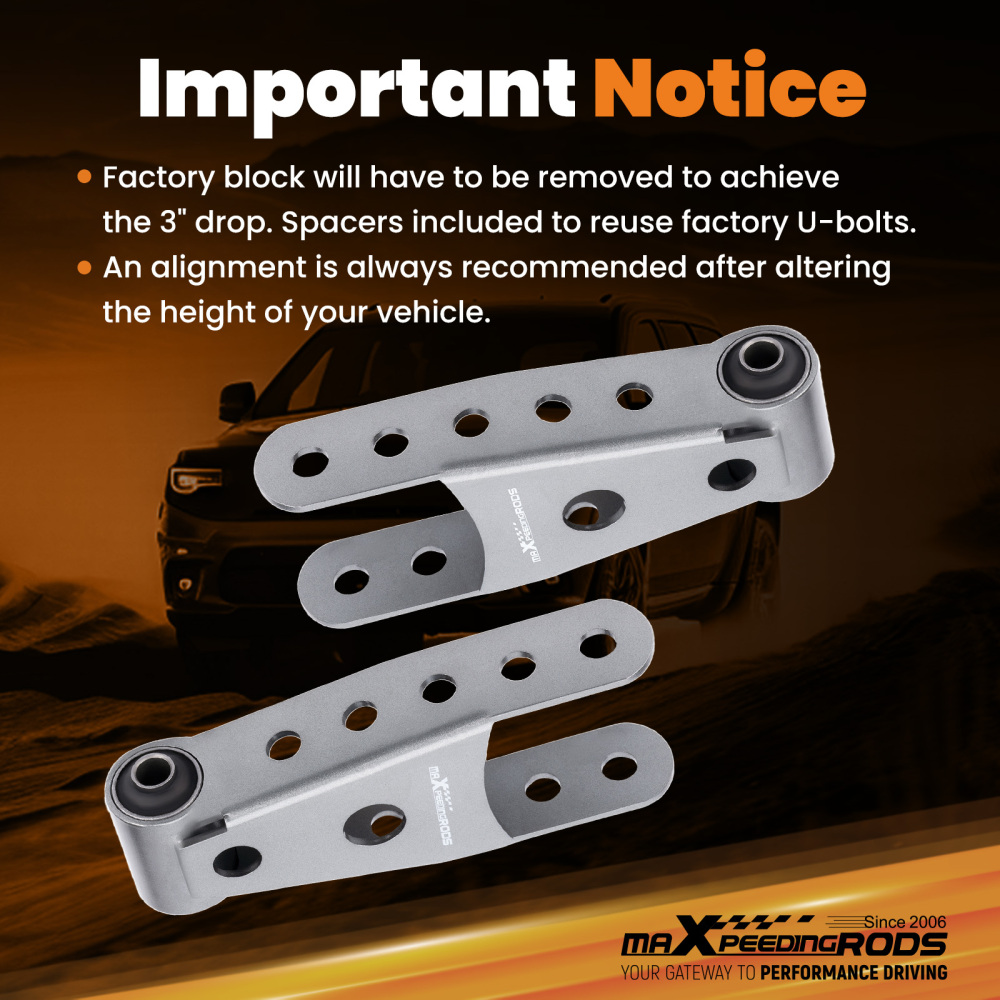 2-3 Rear Drop Shackle Lowering Kit compatible for GMC Sierra 1500 1/2 Ton 07-2018