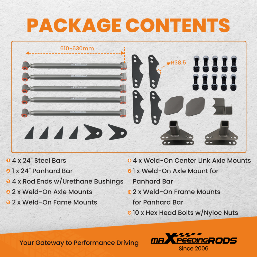 Parallel Rear Suspension 4 Link Kit with Axle Mounts Fame Mounts Bolts 24