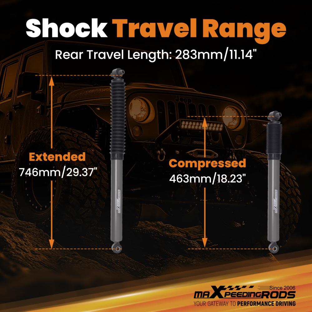 0-1 Lift Rear Shock Absorbers compatible for Jeep Wrangler 4WD 2018-2024 Powder coated