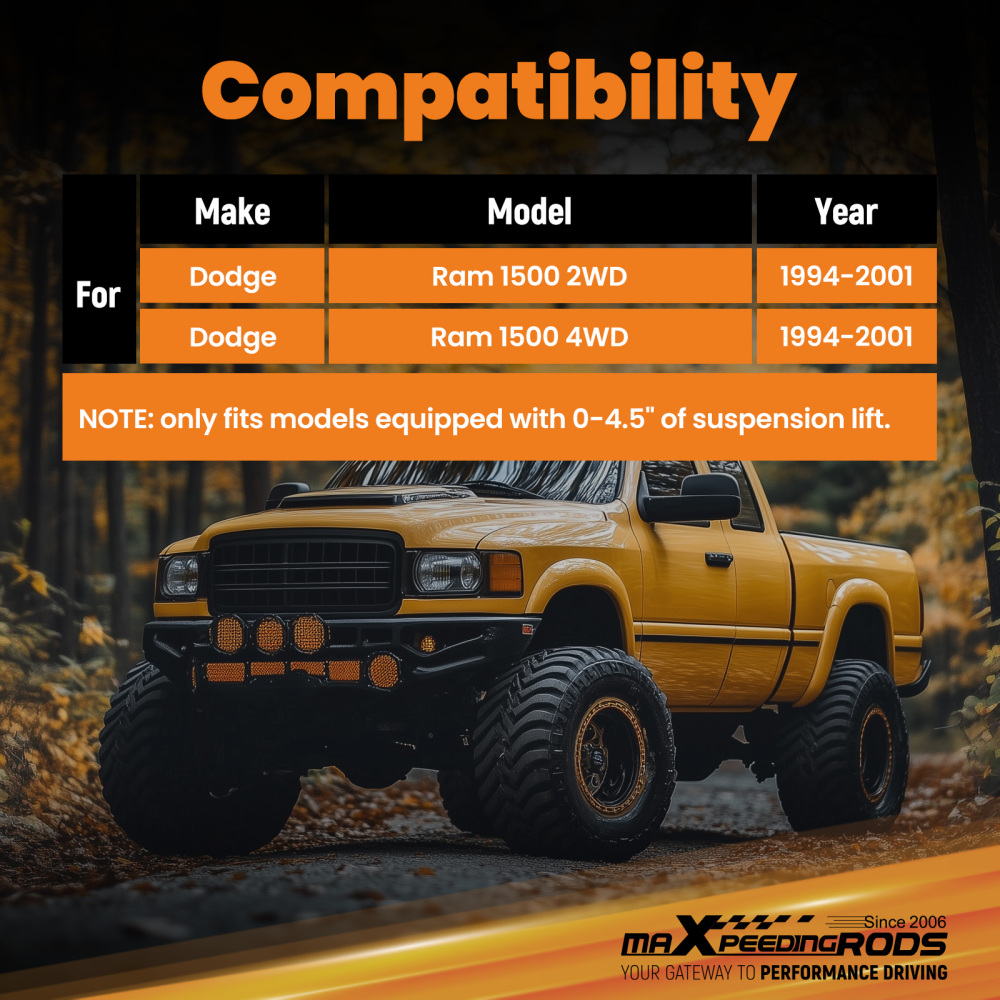 Rear Gas Charged Shock Set compatible for Dodge Ram 1500 1994-2001 2WD/4WD 0-4.5 Lift