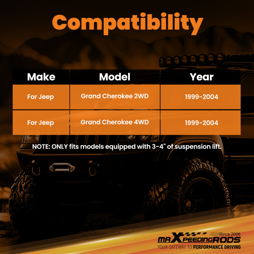 3-4 Lift Rear Shock Kit compatible for Jeep Grand Cherokee 1999-2004 2WD 4WD Off Road