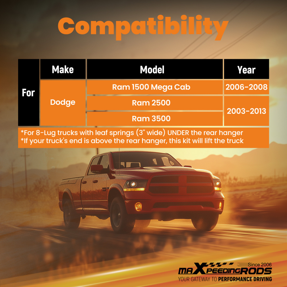 Drop Leaf Spring BELOW Hanger Shackles 2 Leveling Kit compatible for Dodge Ram 25002003-2013 leaf spring BELOW hanger
