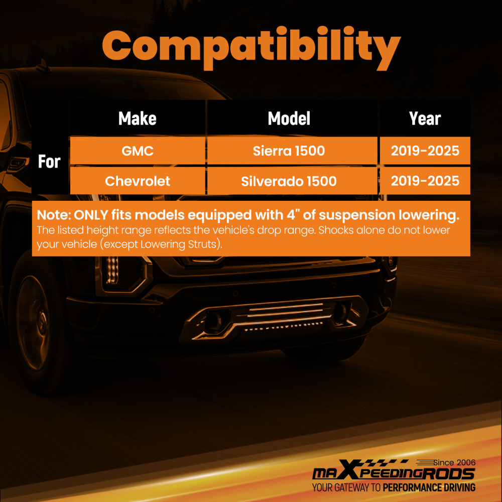 4 inch lowering Shock Rear Compatible for Chevy Right Left GMC Driver or Passenger Side