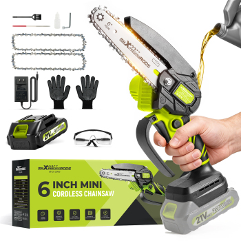 maXpeedingrods 6-Inch Mini Cordless Chainsaw, Handheld Electric Saw with Battery, 2 Chains for Tree TrimmingWood Cutting