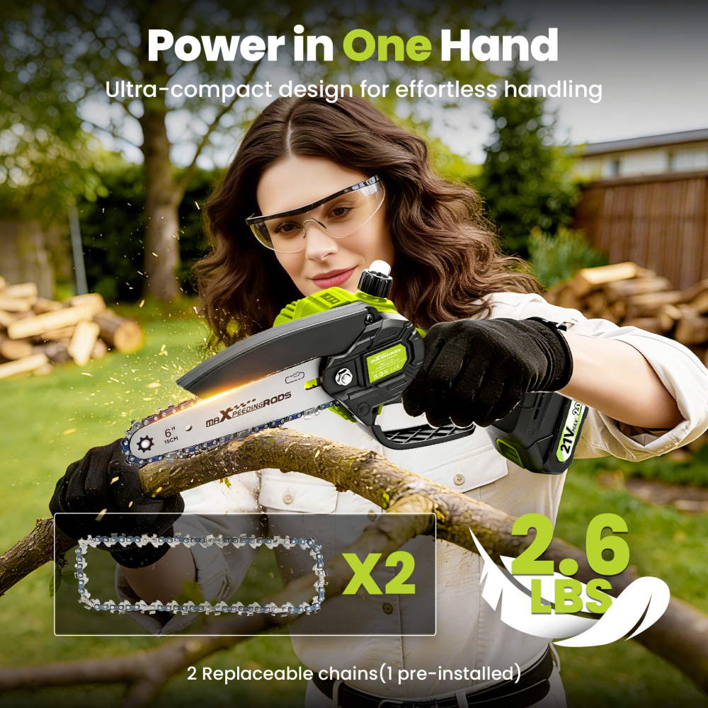 maXpeedingrods 6-Inch Mini Cordless Chainsaw, Handheld Electric Saw with Battery, 2 Chains for Tree TrimmingWood Cutting
