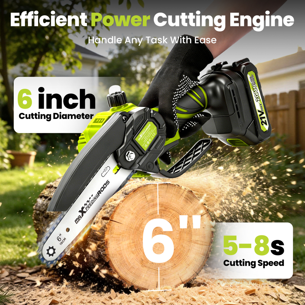 maXpeedingrods 6-Inch Mini Cordless Chainsaw, Handheld Electric Saw with Battery, 2 Chains for Tree TrimmingWood Cutting