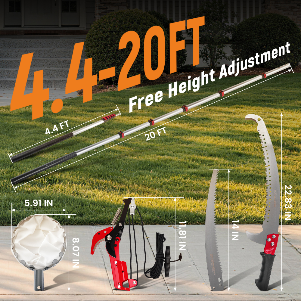 Manual Pole Saw with 5-20FT Telescoping Extension Pole, Tree Trimmer, Steel Blade PrunerFruit Picker for Trees, PalmsShrubs
