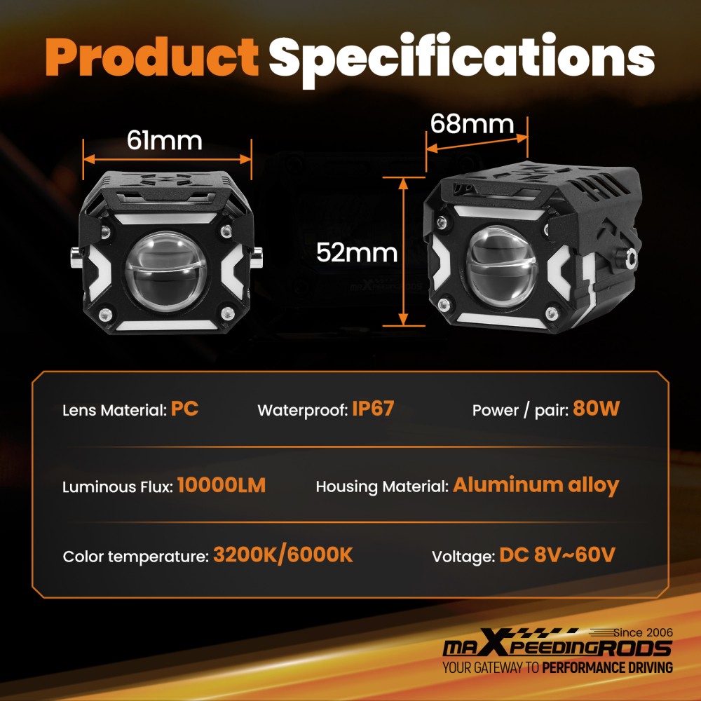 12V 80W Auxiliary Lights for Motorcycle ATV UTV Truck IP67 Aluminum Alloy