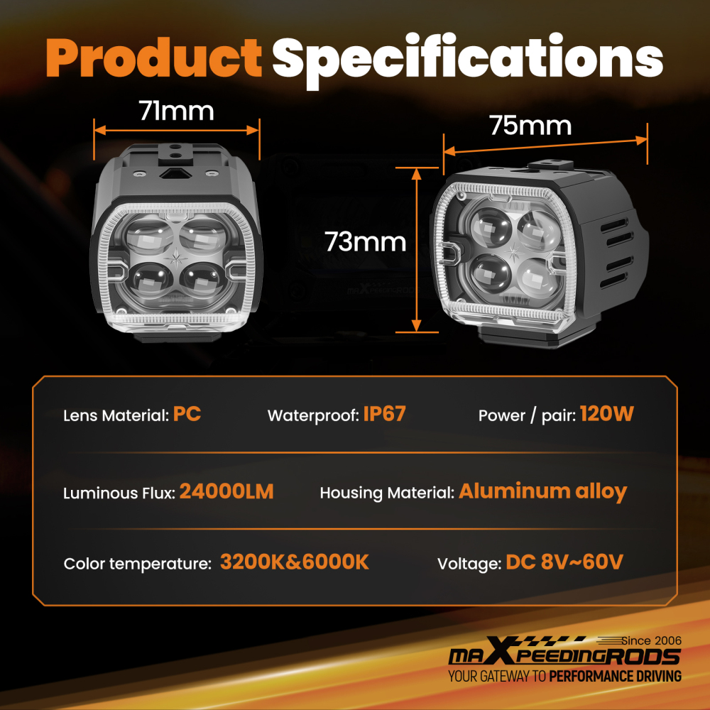 120W Auxiliary LED Fog Spotlights for Motorcycle ATV UTV Off-Road SUV 12V