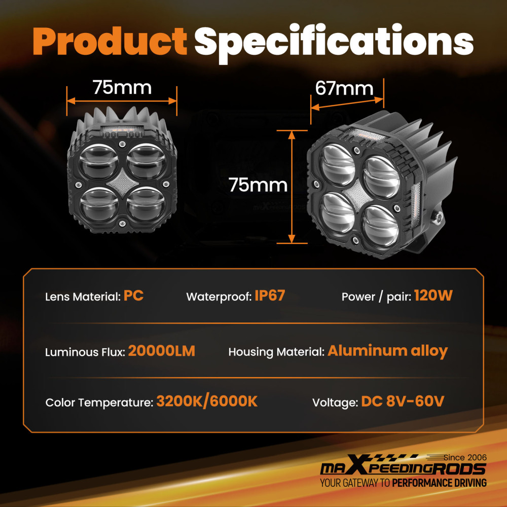 120W LED Motorcycle Fog Spotlight for ATV UTV SUV Truck IP67 Waterproof