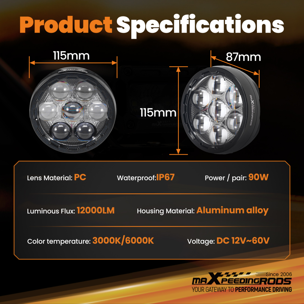 12V 90W Auxiliary Lights For Motorcycle ATV UTV Truck Pickup 3000K 6000K