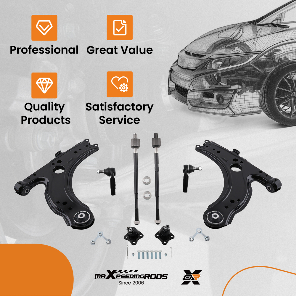 8x Front Lower Control Arms Set Tie Rod End compatible for VW Beetle compatible for Golf Jetta 1998-10