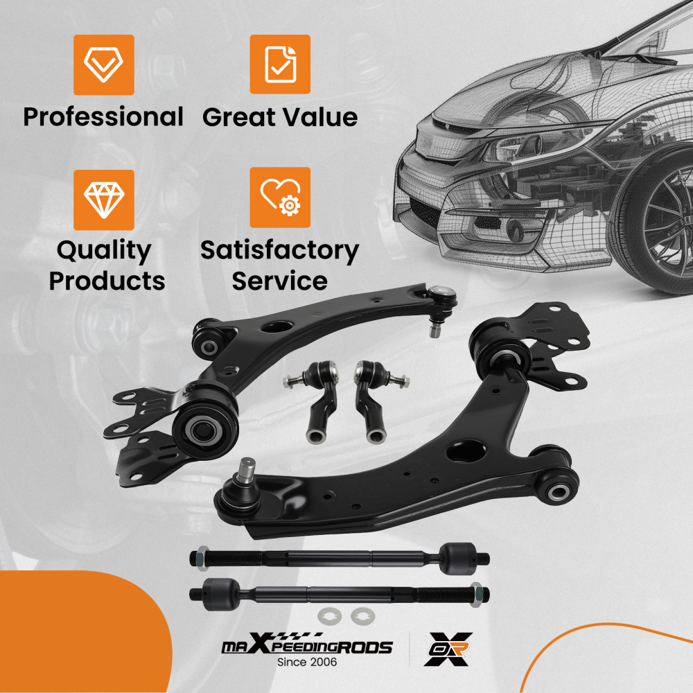 6PC Front Lower Control Arms Inner Outer Tie Rod Ends Kit compatible for Mazda 3 2010-2013
