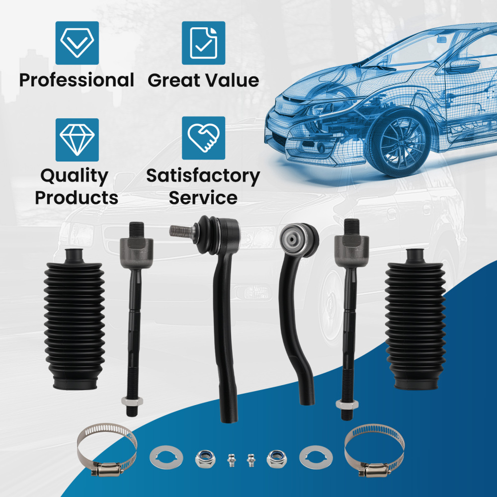 6pcs Front Inner Outer Tie Rods w/ Boots for 2001-2006 compatible for Acura MDX compatible for Honda Pilot