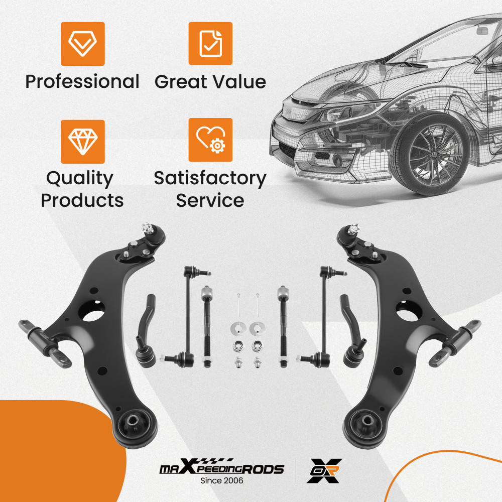 Front Suspension Kit w/ Control Arm, Sway Bar LinkTie Rod Compatible for 2004–2009 Toyota Sienna