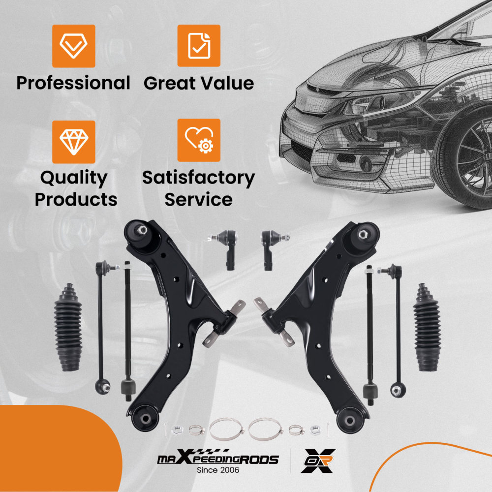 10x Front Lower Control Arms Inner Outer Tie Rods compatible for Hyundai Tiburon 2003- 2008