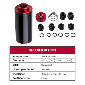 AN6 AN8 AN10 Adapters High Flow Fuel Filter 0.1mm 100 Micron Cleanable BlackRed