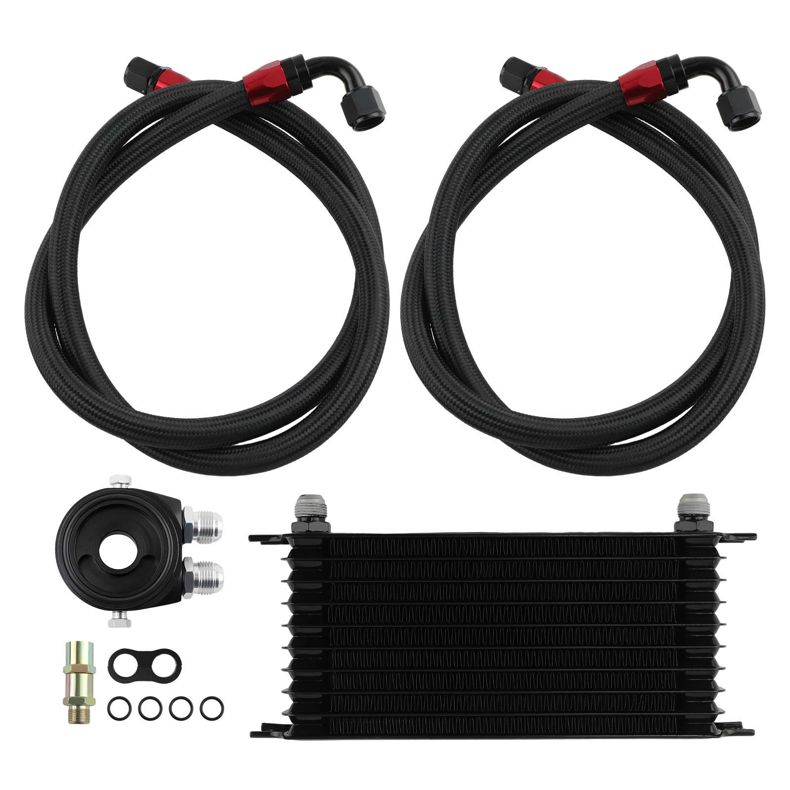 10 Row AN10 Universal Engine Transmission Oil Cooler Filter Adapter Hose Kit