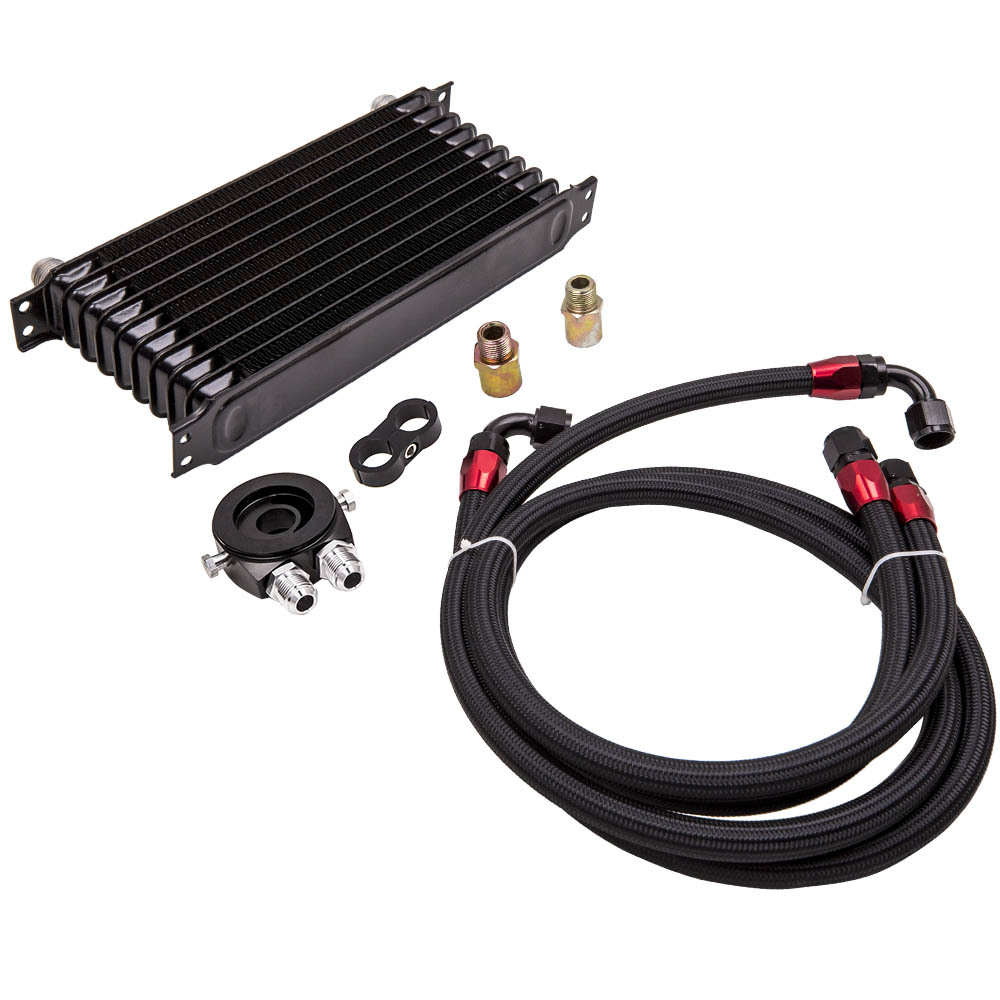 10 Row AN10 Universal Engine Oil Cooler Filter Adapter Hose Kit New Black
