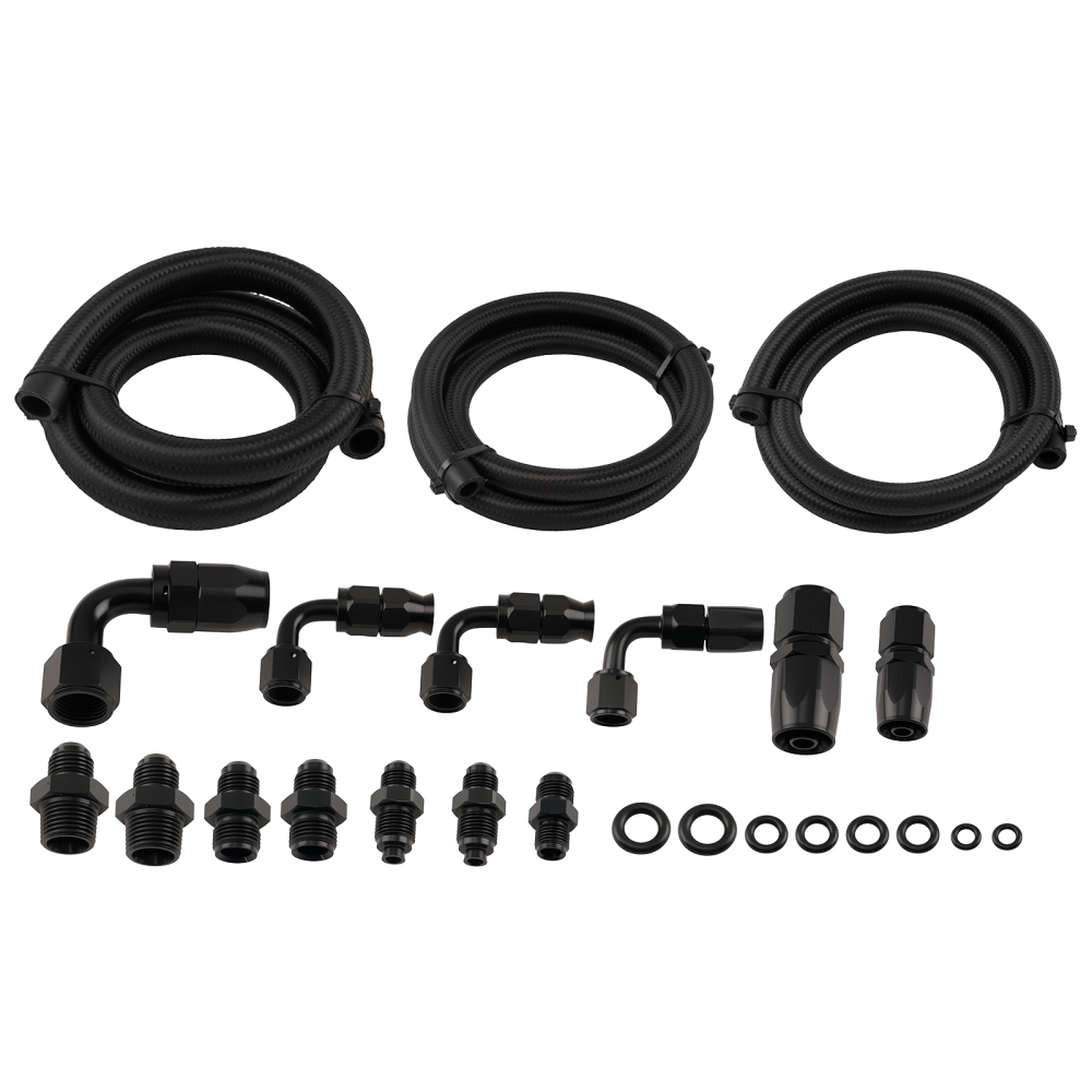 Black Power Steering Oil Line Kit -6AN -10AN Remote Reservoir Universal 3FT Set