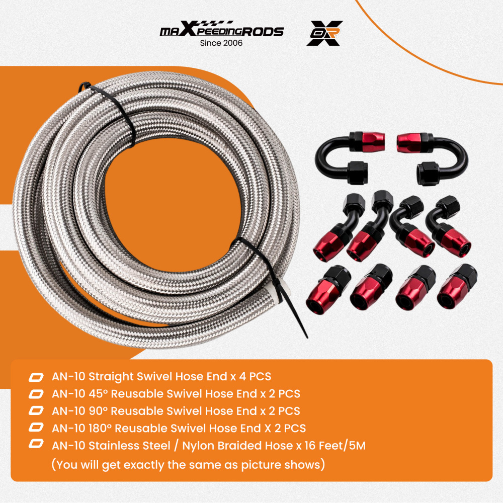 AN10 10AN 16FT 5Meters Stainless Steel Nylon Braided Oil Fuel Hose Line Kit