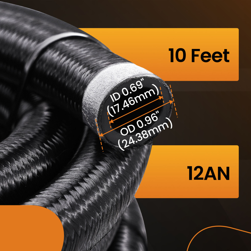 12AN Fuel line Hose Braided Stainless Steel 10FT Oil Gas CPE BlackSafe