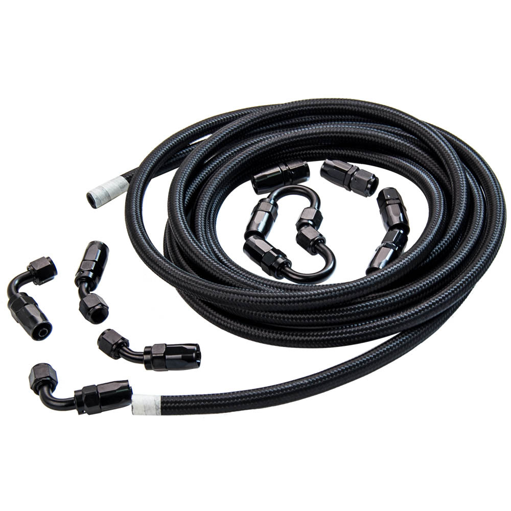AN6 6AN 5M Stainless Steel Braided Oil Fuel Line+ Fitting Hose End Adapter Black