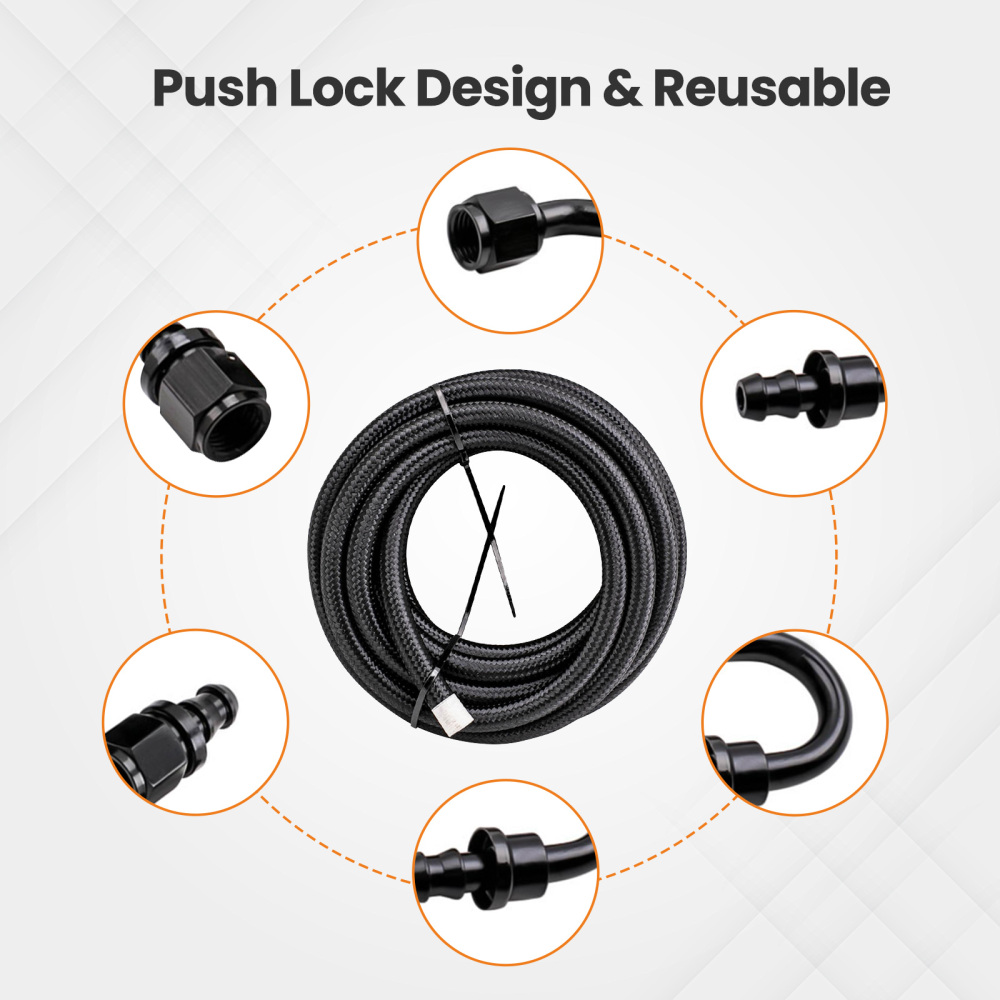 20Feet 6AN Stainless Steel Braided Fuel Line + 10PCS Push Lock Fitting Hose End