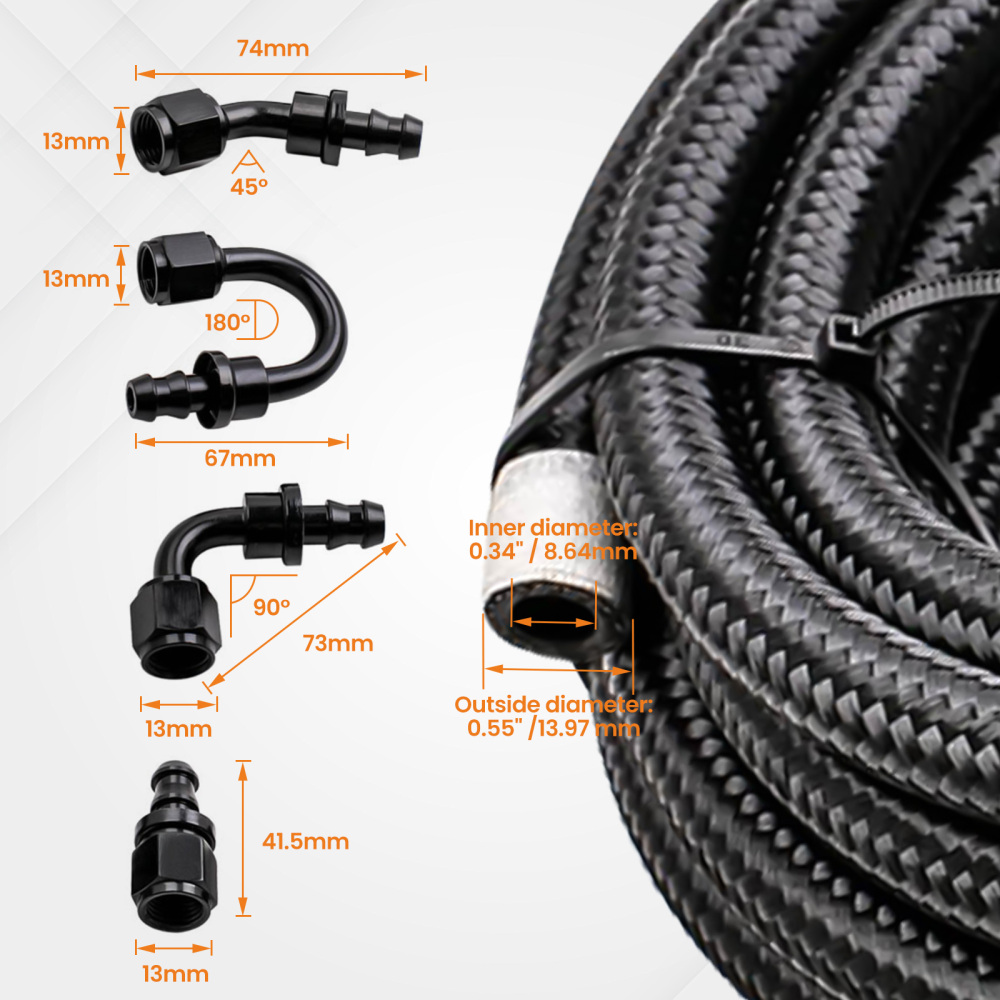 20Feet 6AN Stainless Steel Braided Fuel Line + 10PCS Push Lock Fitting Hose End