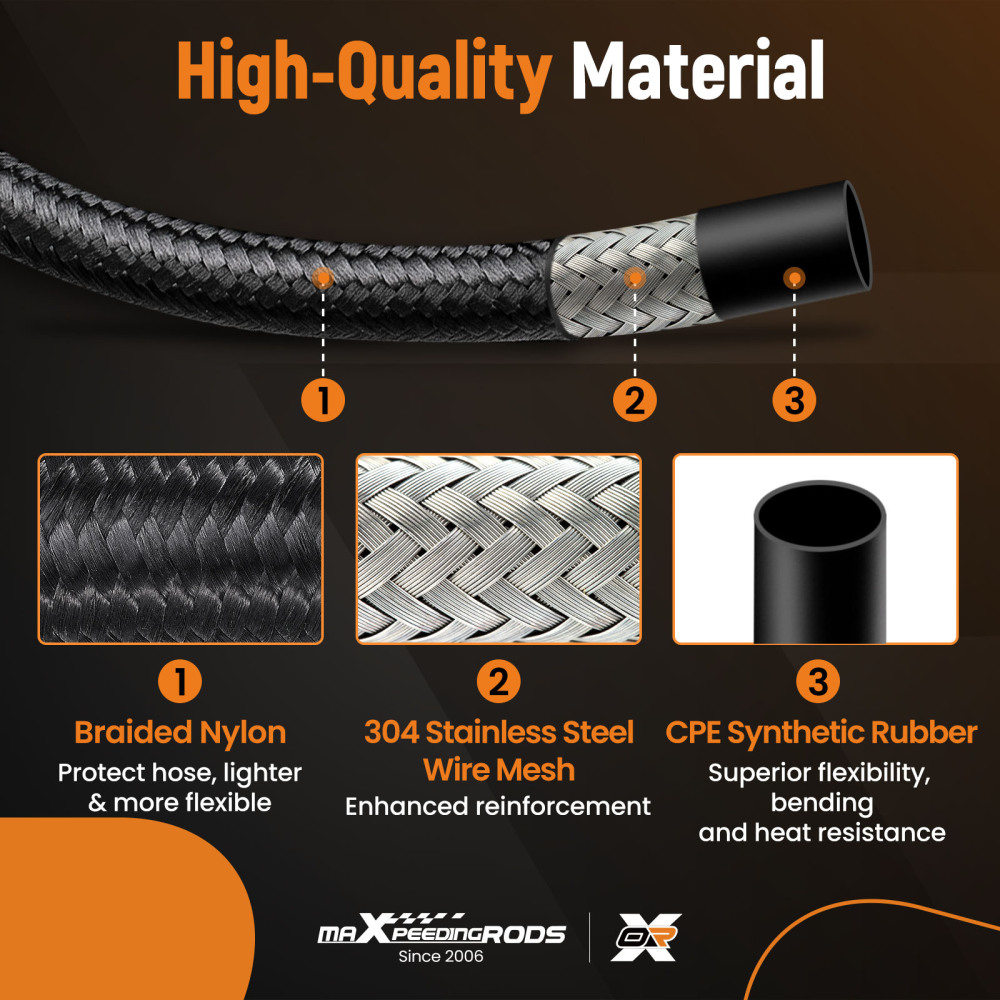 AN8 8AN 5M 16.4 Feet Braided Oil Fuel Line + Fitting Hose End Adapter Kit Black