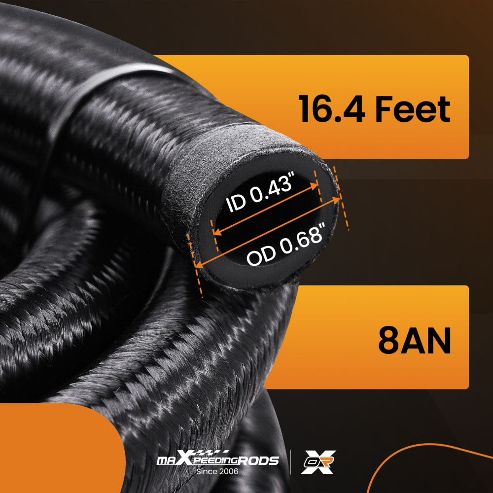 AN8 8AN 5M 16.4 Feet Braided Oil Fuel Line + Fitting Hose End Adapter Kit Black