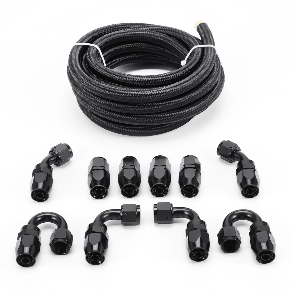 AN8 8AN 5M 16.4 Feet Braided Oil Fuel Line + Fitting Hose End Adapter Kit Black