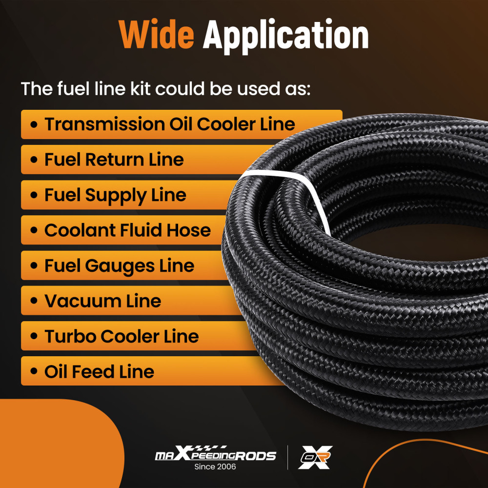 AN8 8AN 5M 16.4 Feet Braided Oil Fuel Line + Fitting Hose End Adapter Kit Black