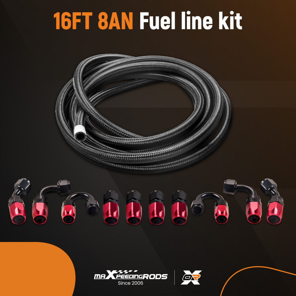 AN8/-8AN Fitting Stainless Steel Nylon Braided Oil Fuel Hose Line 16FT Kit Red