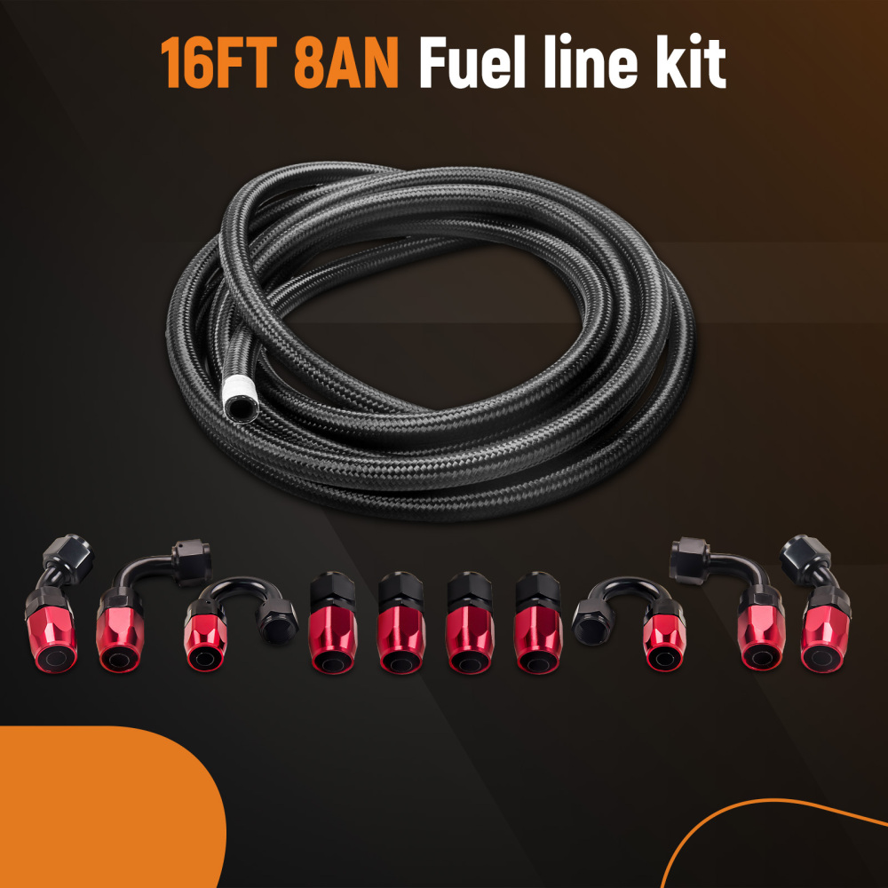 AN8/-8AN Fitting Stainless Steel Nylon Braided Oil Fuel Hose Line 16FT Kit Red