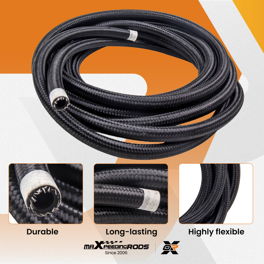 20FT -8AN Nylon Stainless Steel Braided Fuel Gas Oil Line Hose AN8 Black 2000PSI
