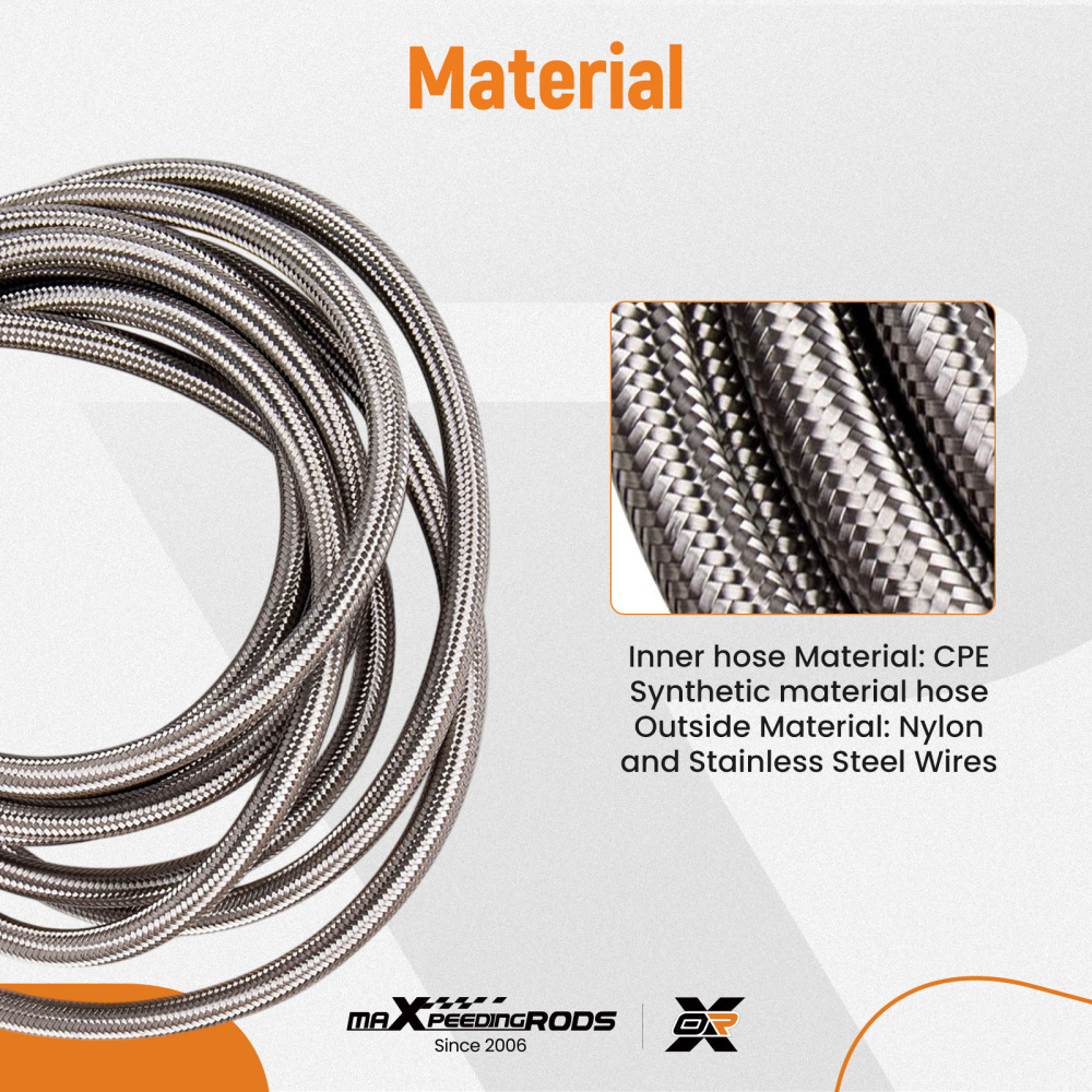 -8 AN Stainless Steel Braided Fuel / Oil Line Hose AN8 20 Ft 6 Meters Silver