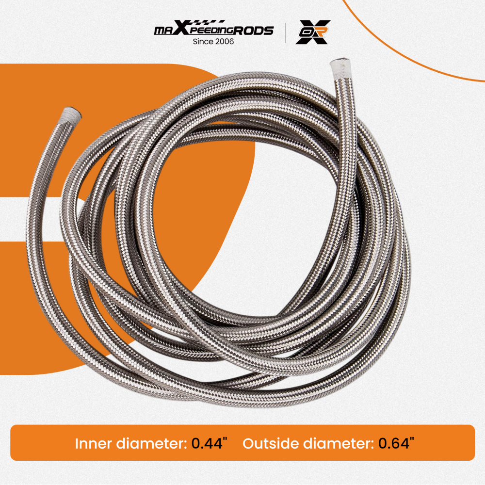 -8 AN Stainless Steel Braided Fuel / Oil Line Hose AN8 20 Ft 6 Meters Silver
