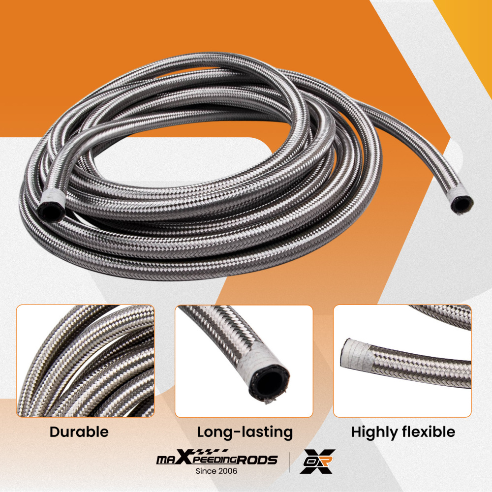 -8 AN Stainless Steel Braided Fuel / Oil Line Hose AN8 20 Ft 6 Meters Silver