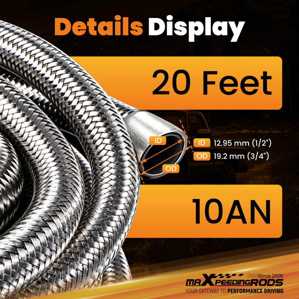 AN10 6Meters Braided PTFE E85 Ethanol 20FT Oil Gas Line Fuel Hose End Fitting