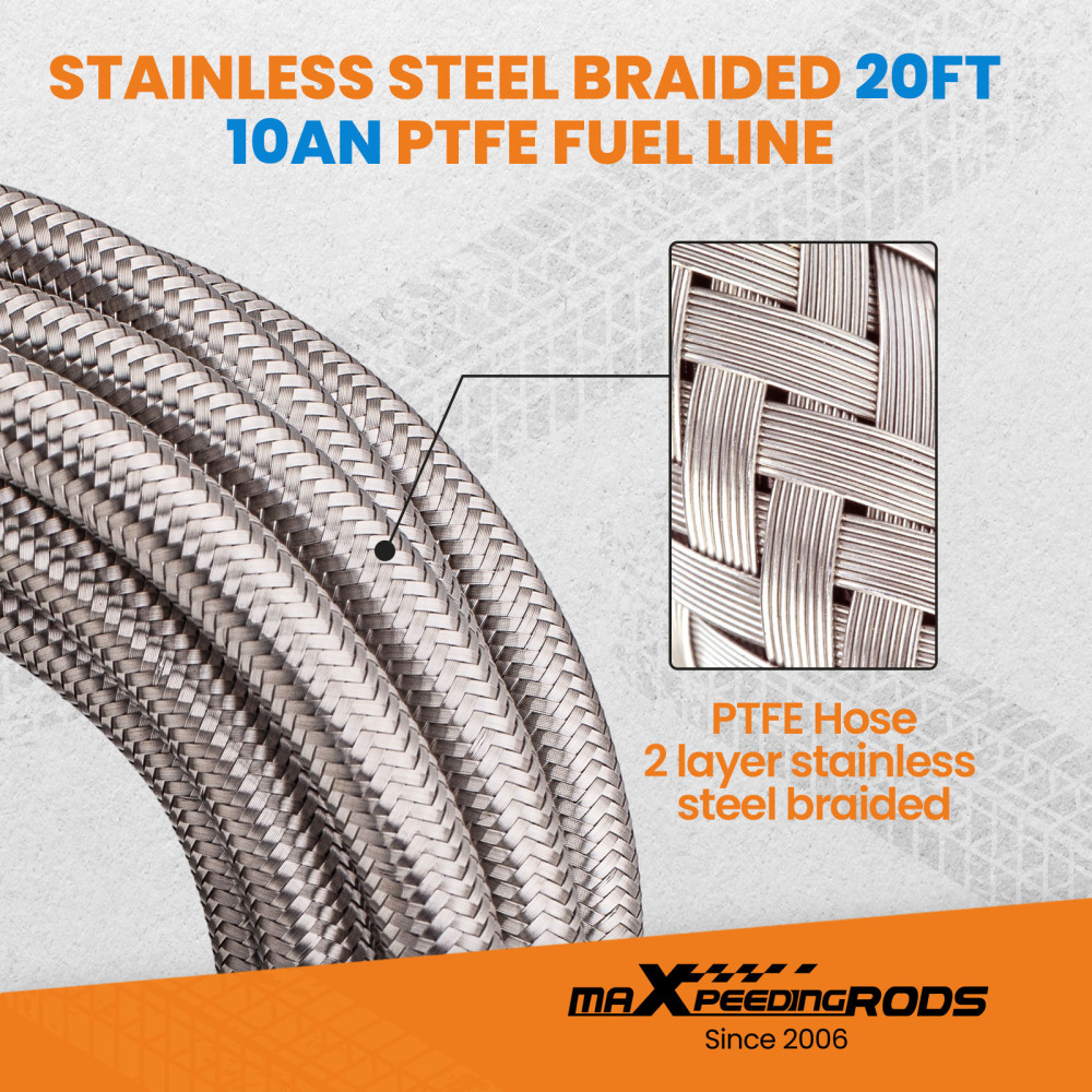 AN-10 Stainless Steel PTFE Fuel Line Hose 6M 20FT and AN10 Swivel Fitting Kit