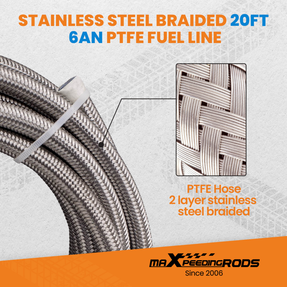 20FT AN6 6AN Stainless Steel PTFE Fuel Line Black Fitting E85 Ethanol