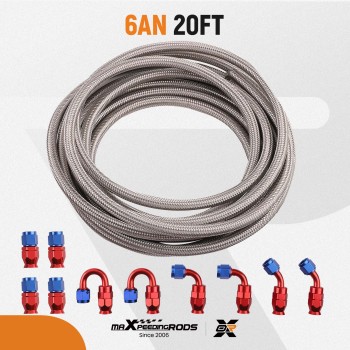 AN6 AN-6 Red Swivel Fitting Stainless Steel Braided Fuel Line Hose 20FT / 6M Kit