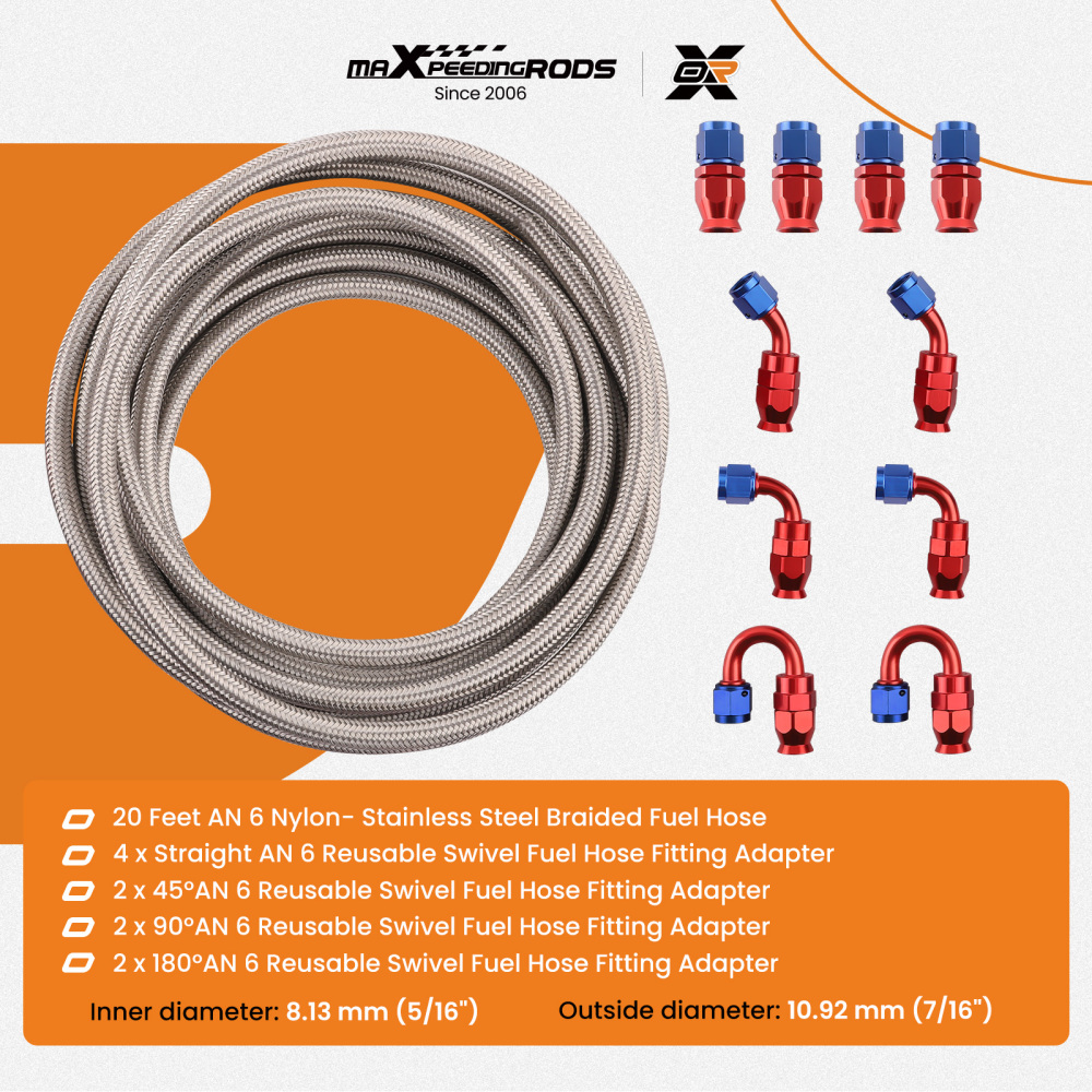 20FT AN6 Stainless Steel PTFE E85 Fuel Line Hose + Fitting Hose End Kit Swivel
